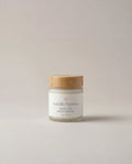 Body cream jar with wood-look lid and white label