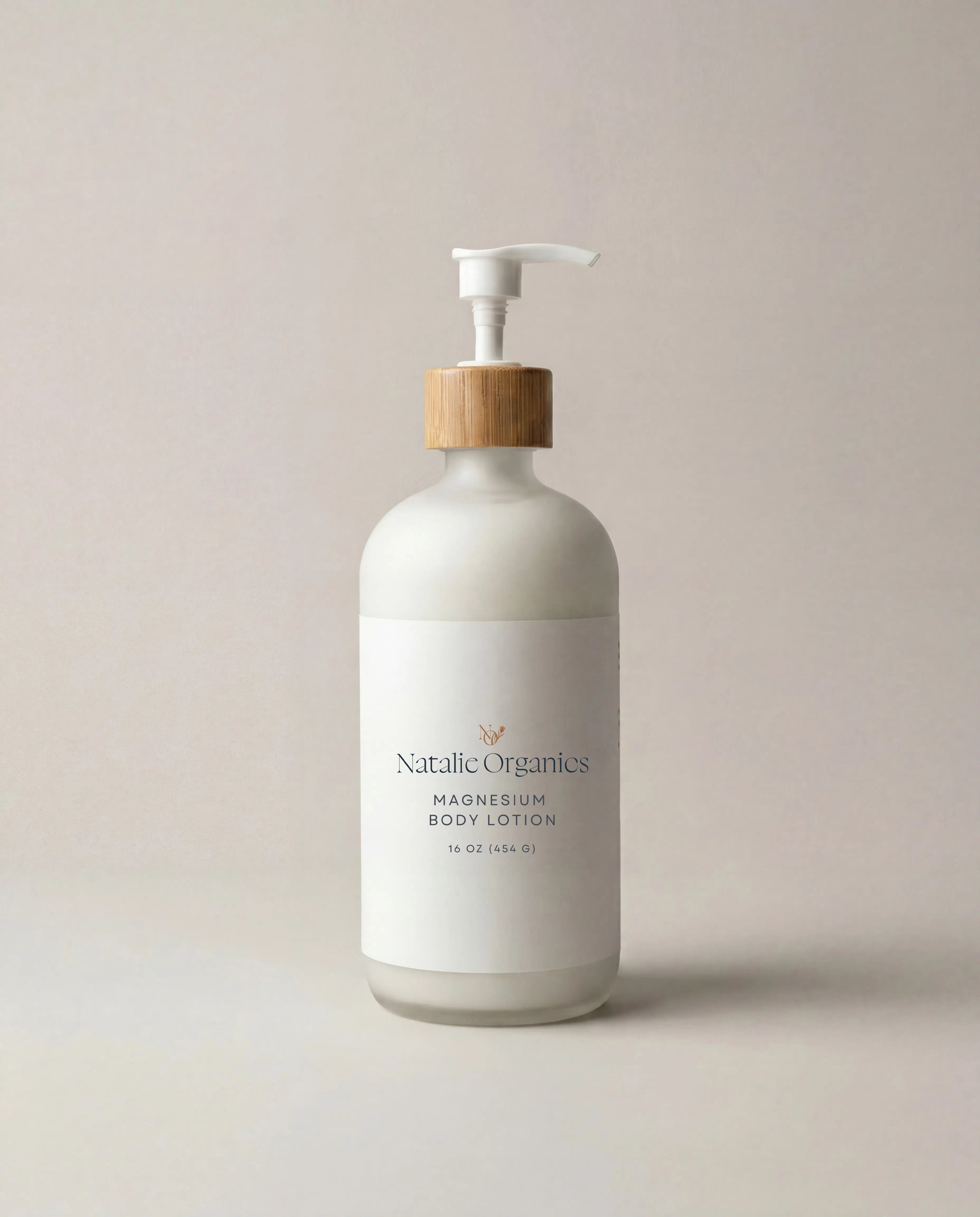 Magnesium body lotion bottle with white pump and wooden cap