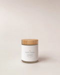 Body scrub jar with wood lid, white label and eucalyptus-lavender scent
