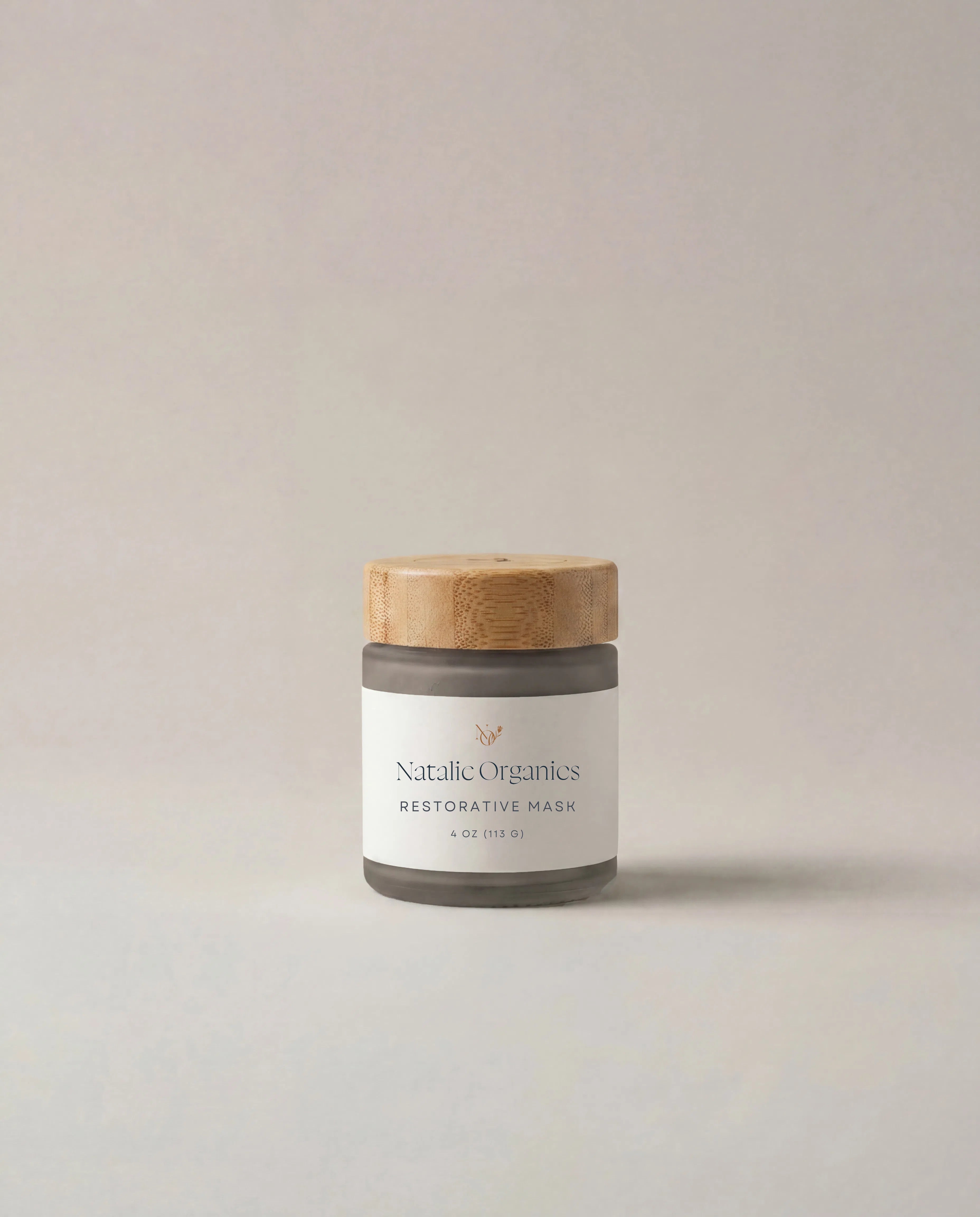 Restorative mask jar with beige lid and gray label, Natural Organics