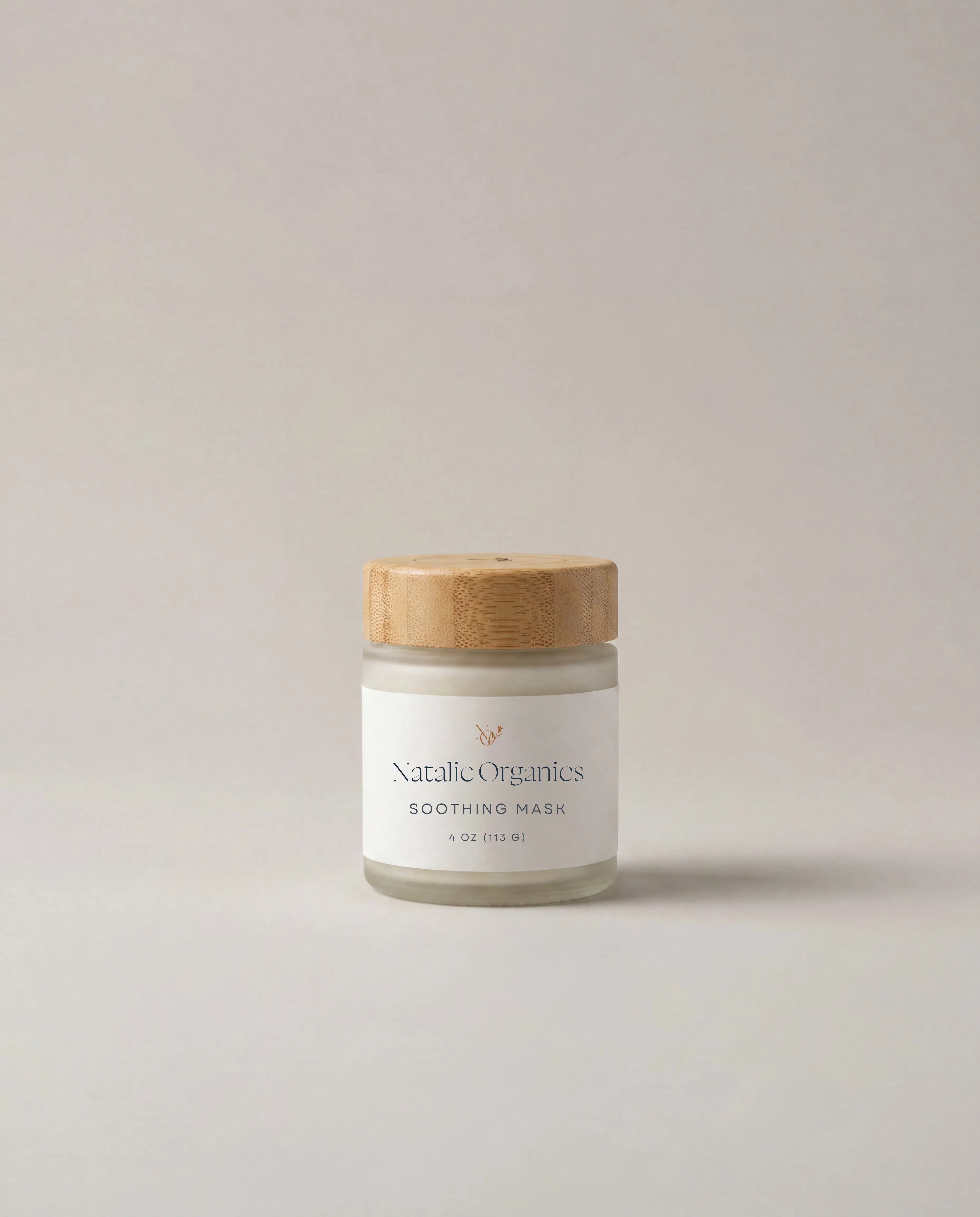 Soothing mask jar with beige cap and cream label, Natural Organics