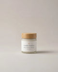 Rice facial scrub jar with bamboo lid and white label, Natalic Organics