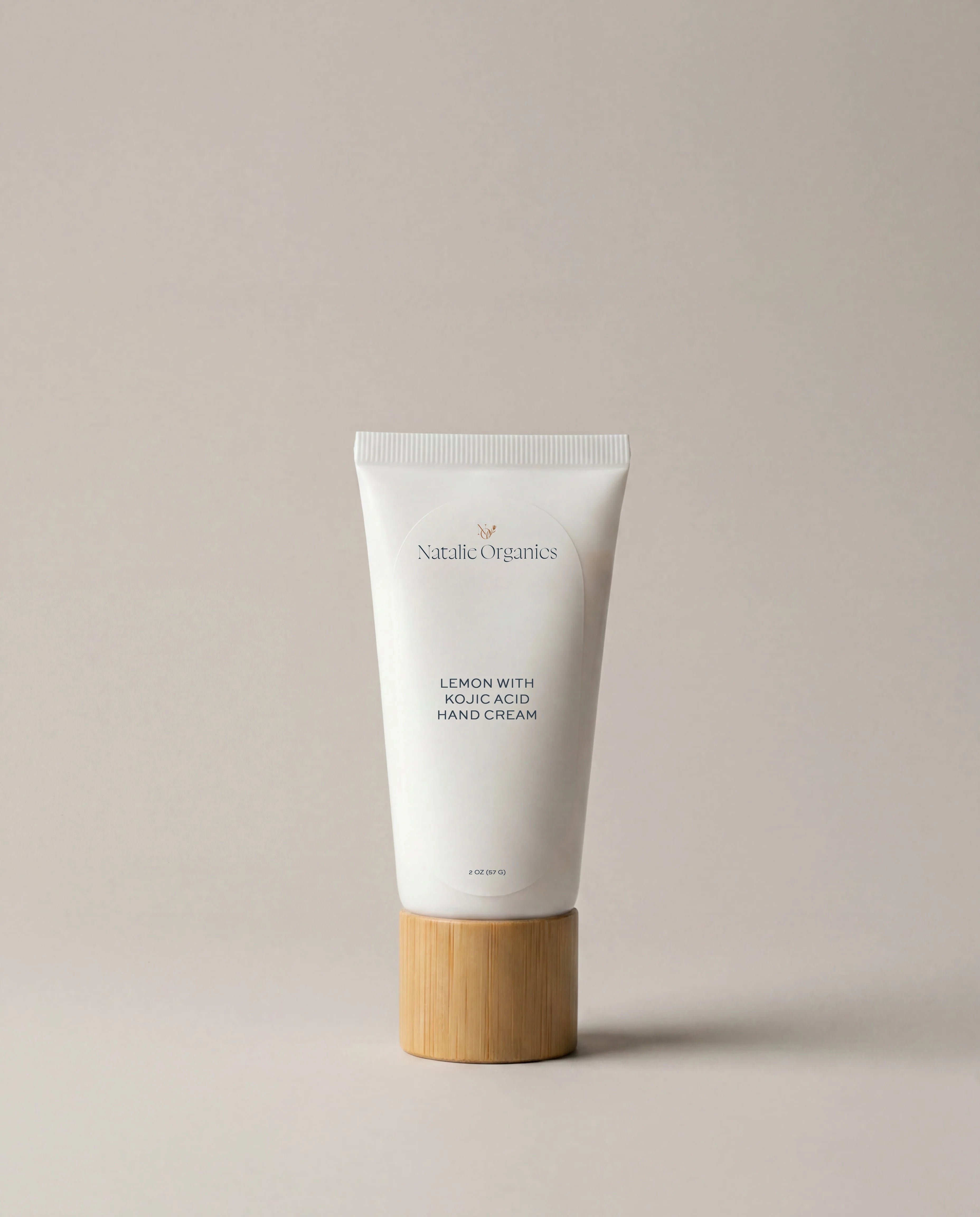 Lemon kojic acid hand cream tube, white squeeze container with wooden cap