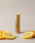 Bamboo tube lip balm with capped cylinder and vertical label
