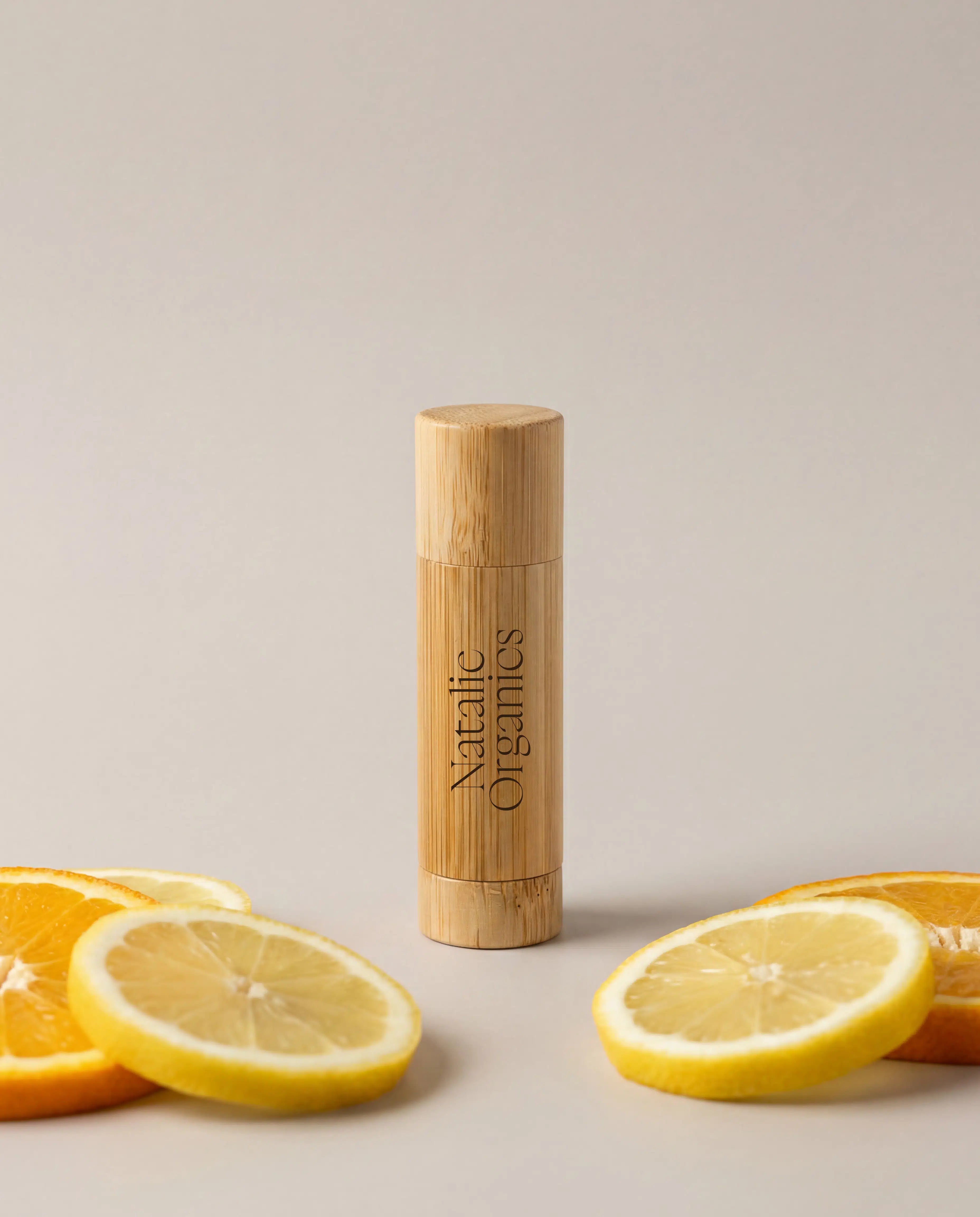 Bamboo tube lip balm with capped cylinder and vertical label
